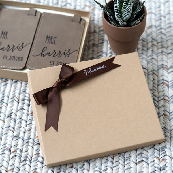 personalized couples' luggage tag with gift box