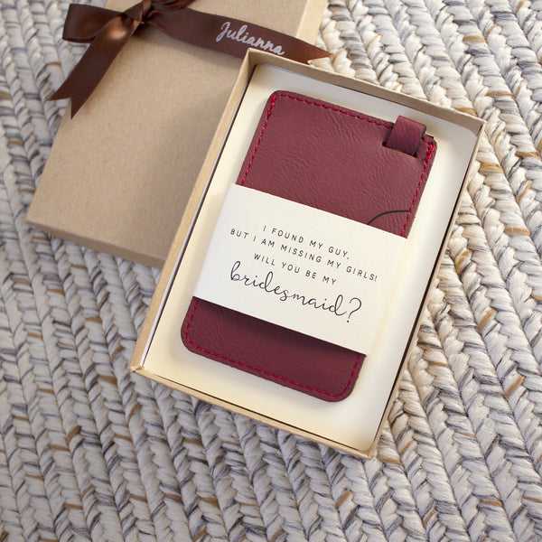 personalized bridesmaid luggage tag with gift box